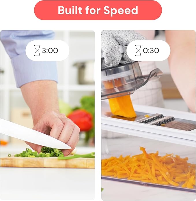 Fullstar Mandoline Slicer for Kitchen, Fruit Cutter, Cheese Grater, Cucumber Slicer, Veggie Spiralizer, Food Cutter & Kitchen Gadgets & Gifts with Safety Glove (6 in 1, Clear)