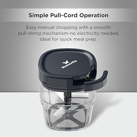 Butterfly 2.5 Cups Premium Plastic Manual Food Chopper, Hand Pull String Onion Vegetable Mincer Dishwasher Safe, 600ml, Blue