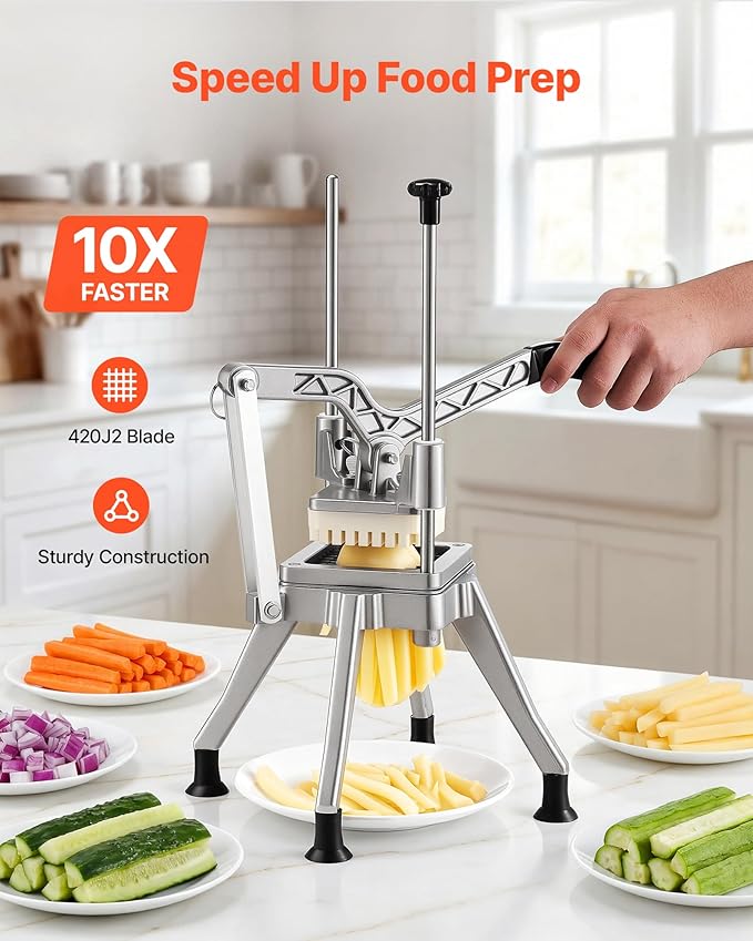VEVOR French Fry Cutter, 1/4" Blade Commercial Potato Chopper, Lever-Action Vegetable Dicer with Ergonomic Handle, Stainless Steel Potato Slicer for Thin Cut Fries, Onion, Carrots, Bell Pepper