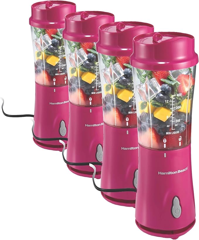 Hamilton Beach Portable Blender for Shakes and Smoothies, 14 Oz BPA Free Travel Cup & Lid, Durable Stainless Steel Blades, Personal Smoothie Blender, Raspberry, 51131G (Pack of 4)