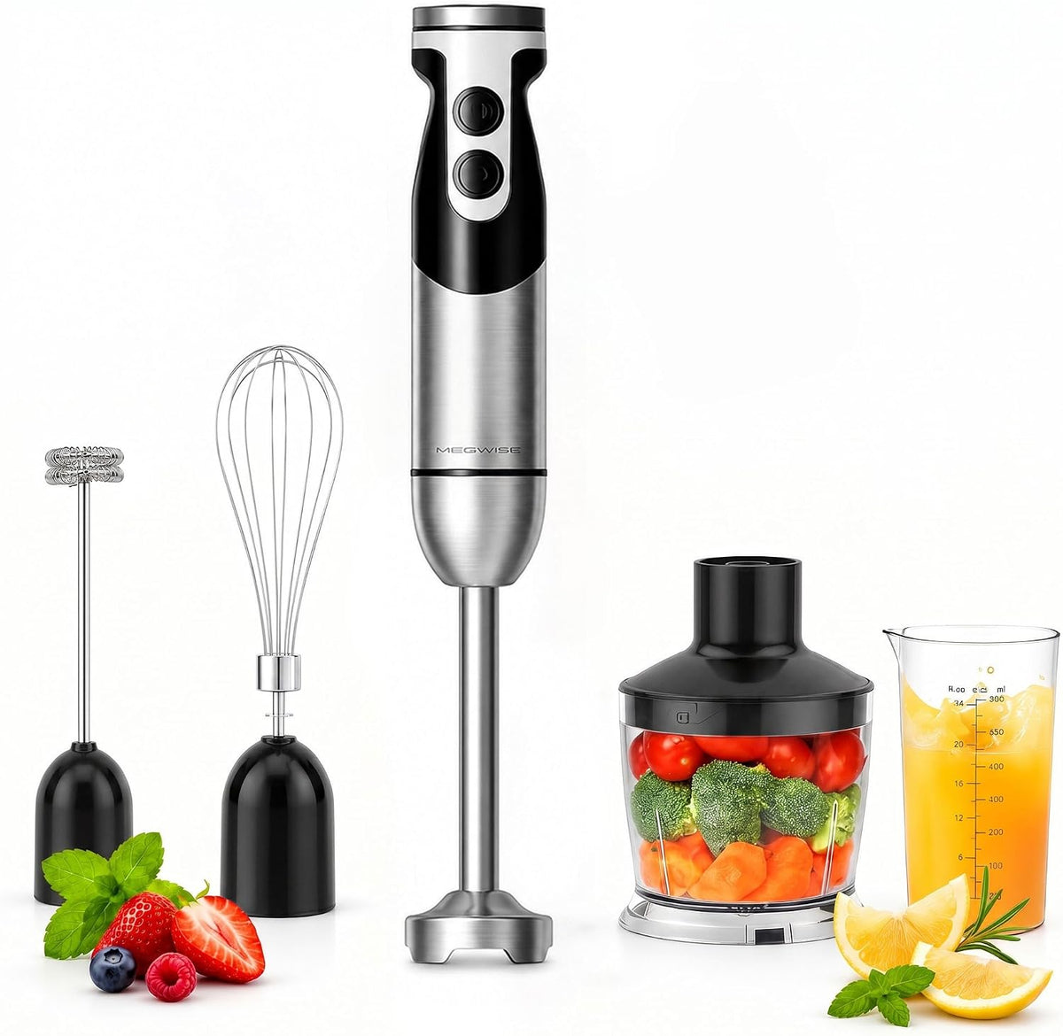 5-in-1 Hand Blender, Powerful Immersion Stick Blender with Titanium Reinforced Blades, 12-Speed Control, Includes Chopper, Beaker, Whisk & Frother for Smoothies & Baby Food