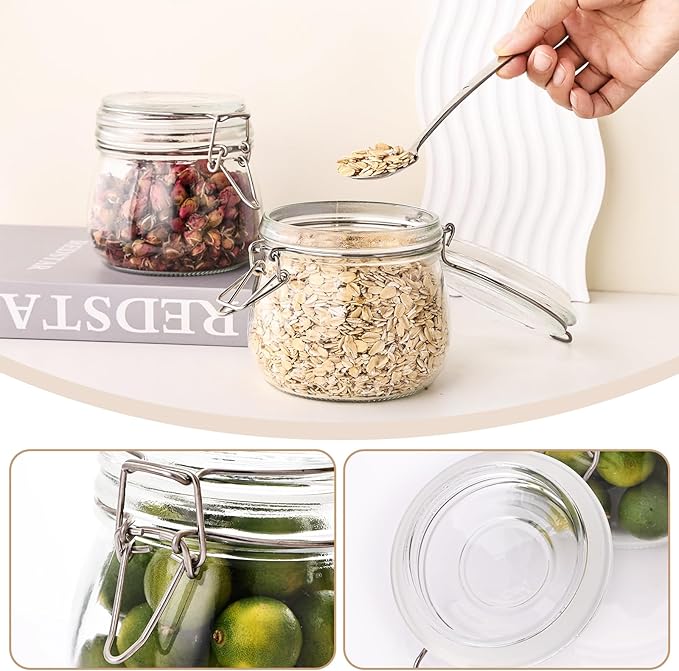 6 Pack 17oz Mason Glass Jars with Clamp Lids, Large Clear Airtight Food Storage Containers, Glass Canisters for Coffee, Sugar, Flour, Pasta, Spices, BPA-Free