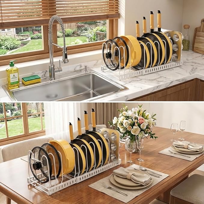 Pot and Pan Organizer Rack for Cabinet, 3 Expandable Pot Lid Organizer Holder with 12 Adjustable Compartment for Kitchen Cutting Board, Pan Lid, Bakeware, White