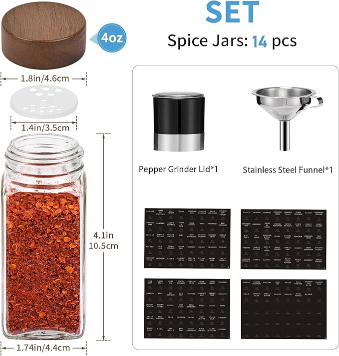 Yangbaga Glass Spice Jars with Labels: 14pc 4oz Square Seasoning Storage Containers with Airtight Wood lid,Pepper Grinder,Funnel; Empty Spice Organizer Bottles for Kitchen Rack Drawer Cabinet