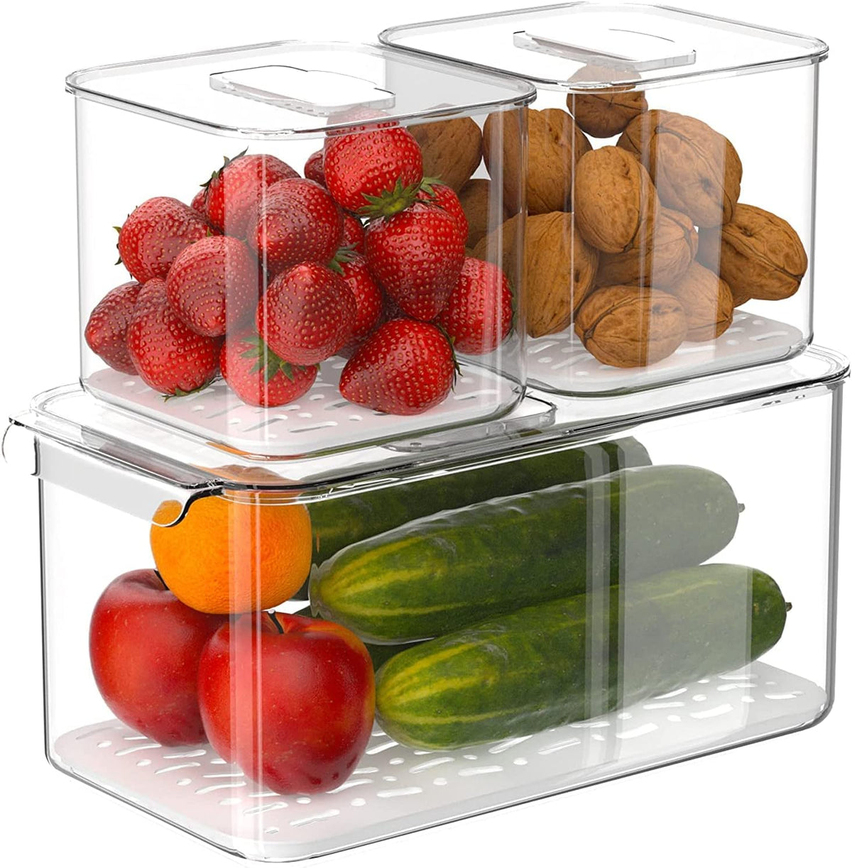 Food Storage Containers Produce Saver with Lids, Stackable Refrigerator Freezer Organizer Bins with Removable Drain Tray, Fridge Fresh Keeper for Veggie, Berry, Fruits, Vegetables 3 Pack