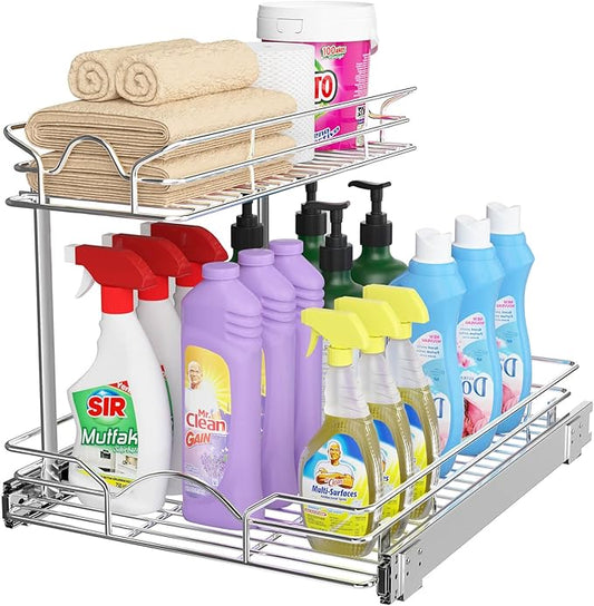 Under Sink Cabinet Organizer Two Tier Pull Out Shelf (14.75W x 17D)