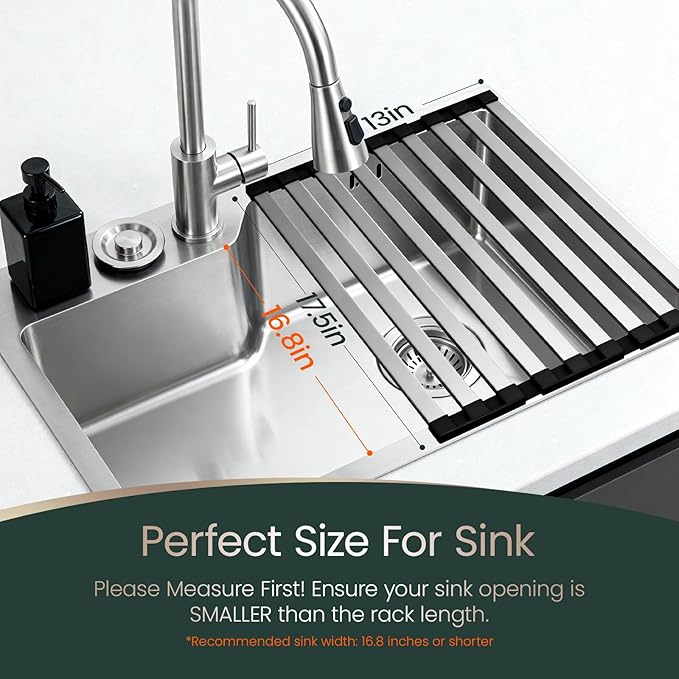 Meowoo Rectangle Dish Drying Rack, 17.5" x 13" Roll Up Over The Sink Dish Drainer Rack, Non-Slip Silicone Base, Stainless Steel Sink Drying Rack for Kitchen, Black