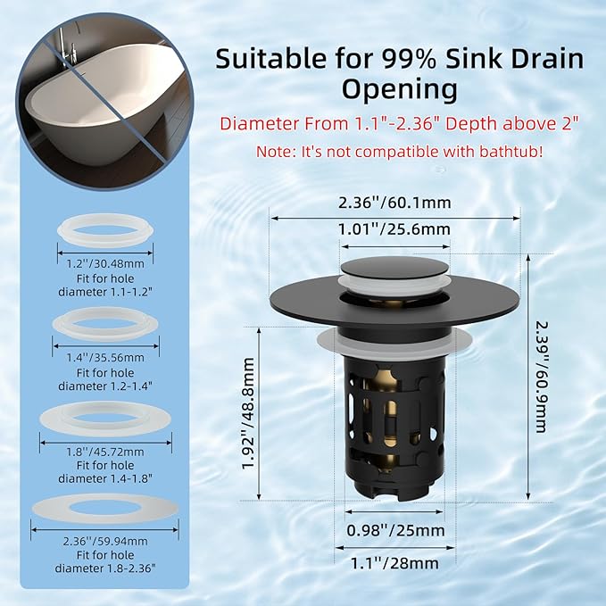 Hibbent Upgraded 3 in 1 Bathroom Sink Drain Strainer, Universal Pop Up Stopper, Removable Stainless Steel Filter Basket Hair Catcher, Sink Plug for 1.1''~2.36'' Basin, Brass Bullet Core, Matte Black