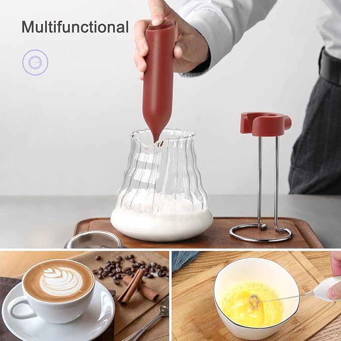 Rechargeable Coffee Frother by ELMWAY, Electric Milk Frother with Charging Stand & Wall Mount, Handheld Drink Mixer, Foam Maker for Coffee, Matcha - Red