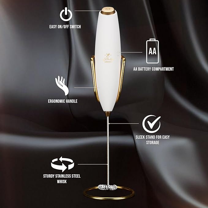 Zulay Kitchen Powerful Milk Frother Wand With Duracell Batteries - Ultra Fast Handheld Drink Mixer - Electric Whisk Foam Maker for Coffee, Lattes, Cappuccino & Matcha - Z1 Motor - Exec White Gold