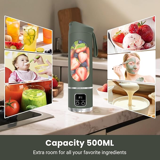 Portable Blender, USB Personal Juicer for Shakes and Smoothies, 500ML Rechargeable with 12 Blades, Mini Electric Mixer for Travel Home Office (Green)