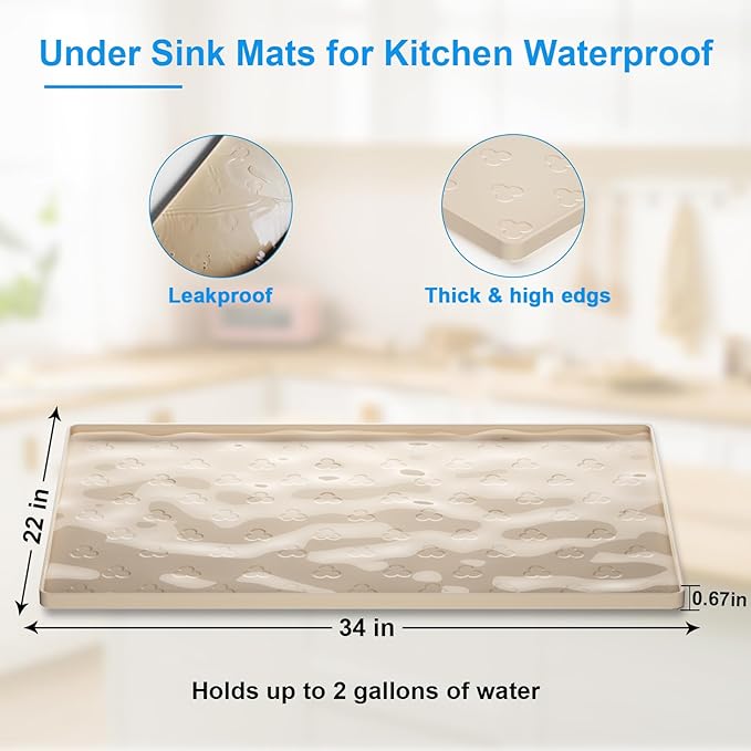Under Sink Mat- 34" x 22" Waterproof Kitchen Cabinet Mat - Flexible Silicone Under Sink Liner - Kitchen Bathroom Cabinet Mat and Protector for Drips Leaks Spills (Beige)
