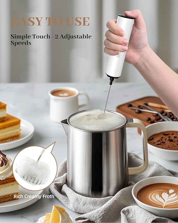 INFOOD Milk Frother Rechargeable with Cover - Coffee Frother Wand, Drink Mixer Handheld with 2 Detachable Stainless Whisks 2 Speed Adjustable for Latte, Cappuccino, Hot Chocolate, Egg, White