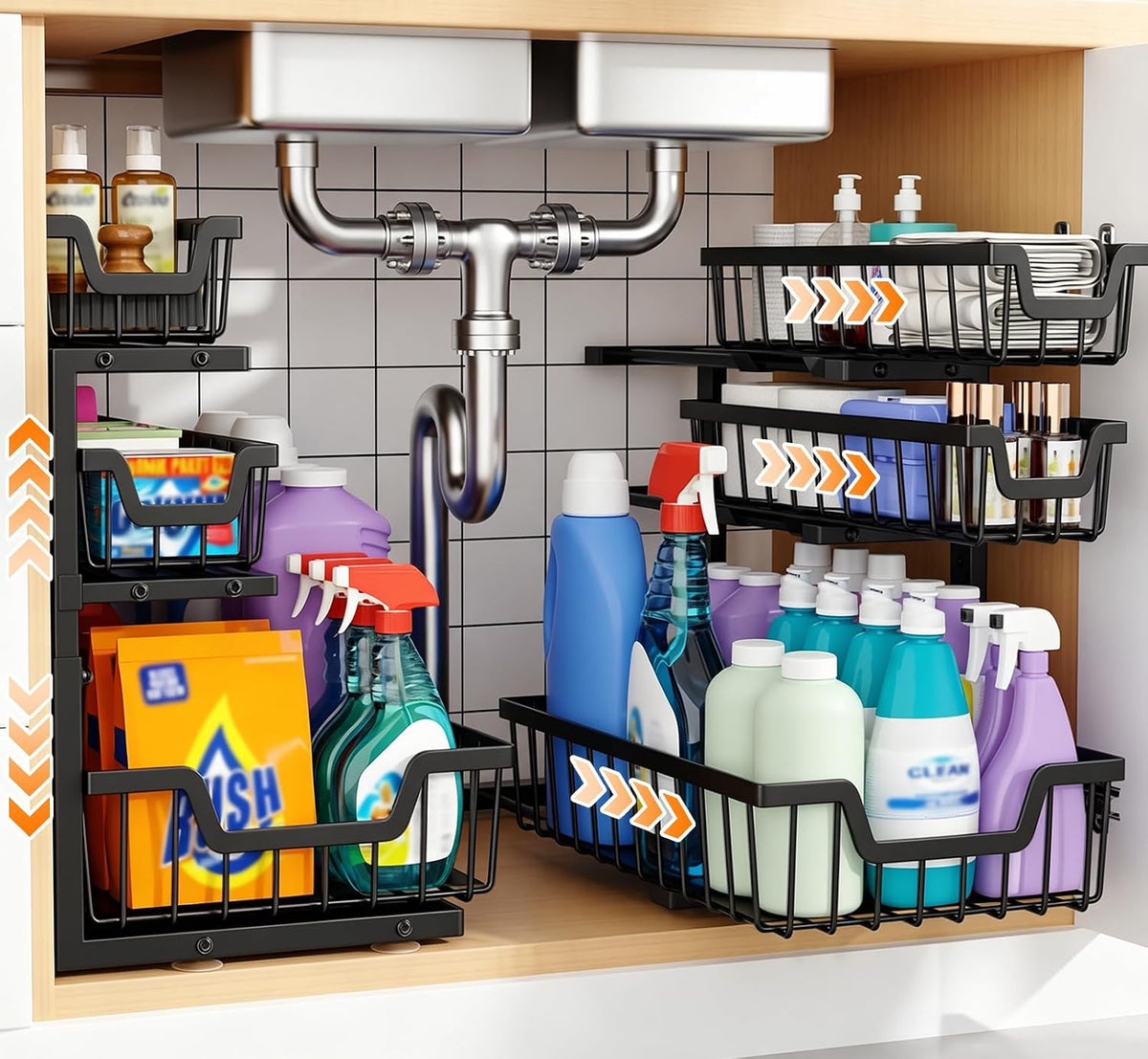 Under Sink Organizer, 2-Pack 3-Tier Height Adjustable Thickened Metal Pull out Cabinet Organizer Shelf, Slide out Storage Drawer Rack for Bathroom Kitchen Pantry Home Laundry Organization (Black)