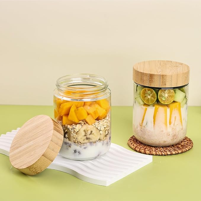 6-Pack 16oz Glass Storage Jars with Bamboo Lids – Airtight Wide Mouth Containers for Overnight Oats, Yogurt, Salad, Snacks & Pantry Storage-Reusable Glass Food Storage Containers
