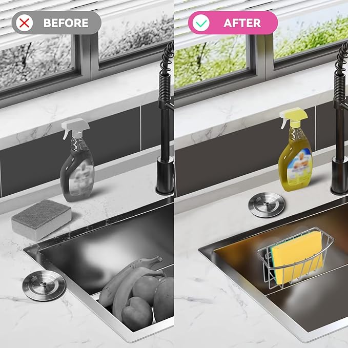 Linemoon Sponge Holder for Kitchen Sink Caddy with 2 Suction Cups, Efficient Sponge Caddy for Kitchen Storage, Rustproof, Highly Adhesive Silver