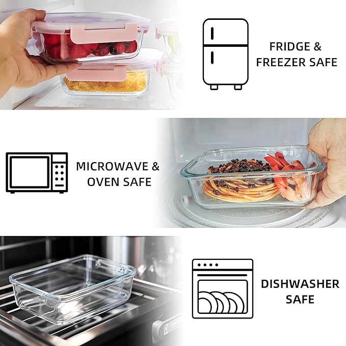 10 Pack 22 oz Glass Meal Prep Containers, Food Storage Containers with Lids, Airtight Leakproof Lunch Containers for Kitchen, Freezer, Microwave, Dishwasher Safe (Pink)