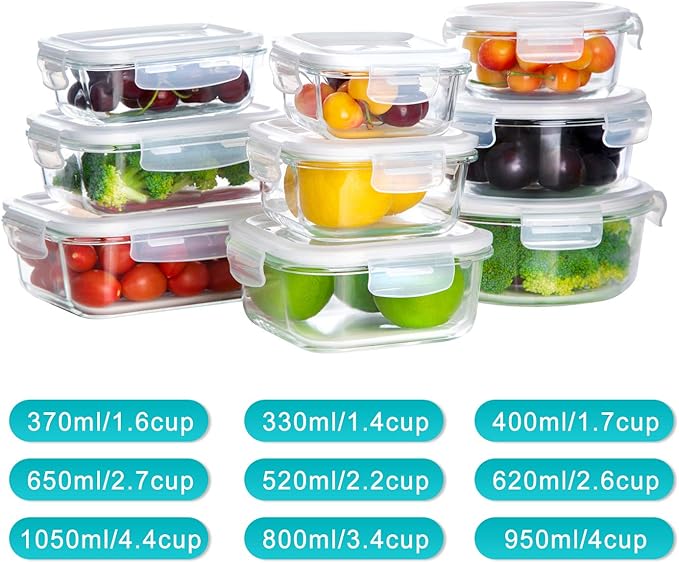 Bayco Glass Storage Containers with Lids, 9 Sets, Meal Prep Airtight Food Storage Containers for Food Storage with Lids - Leak Proof