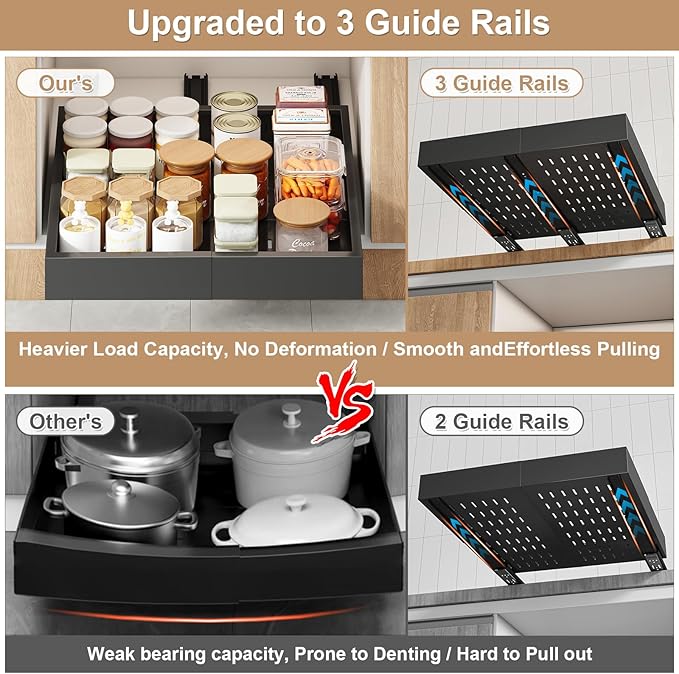 Pull out Cabinet Organizer,Width (11"-16") and Depth (17"-24") Expandable With 3 Rails,No Drill Adjustable Slide out Drawers for Kitchen,Pantry,Adhesive Roll out Shelves,for Cabinets without Lip,Black