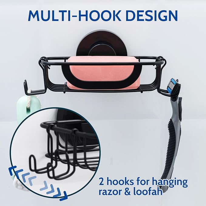 Soap Dish, Soap Bar Holder for Shower Suction Cup with 4 Hooks Wall Mounted, Stainless Steel No-Drilling Removable Waterproof Sponge Holder for Bathroom Bathtub Kitchen Sink, Black