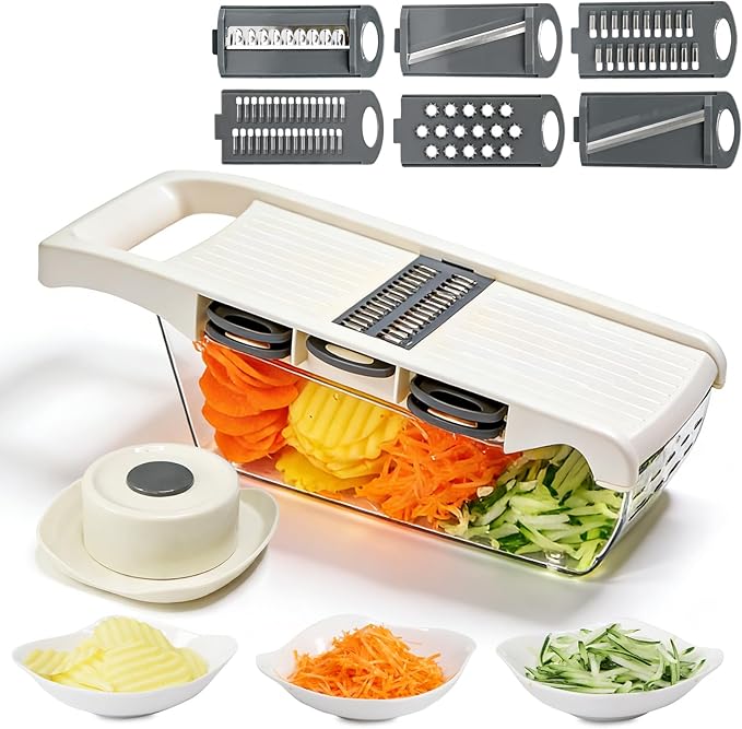 6-in-1 Mandoline Slicer for Kitchen, Food-Grade Veggie Cutter with Drainage Container, Stainless Steel Blades, BPA-Free & Non-Slip, White Plastic/Stainless Steel Options (white)