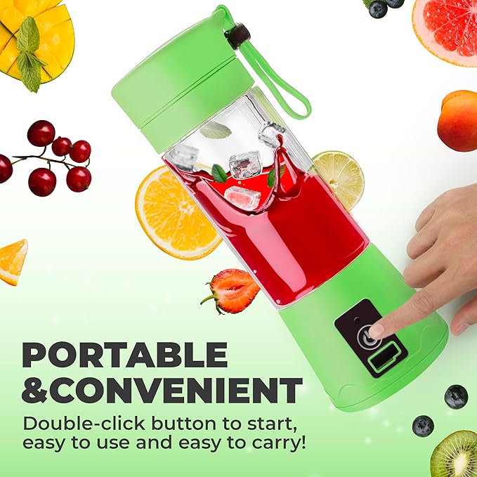 Portable Blender - Compact and USB Rechargeable Personal Travel Blenders for Smoothies, Shakes and Ice - Mini Fruit Juice Mixing Shaker Bottle - 380ml, Green