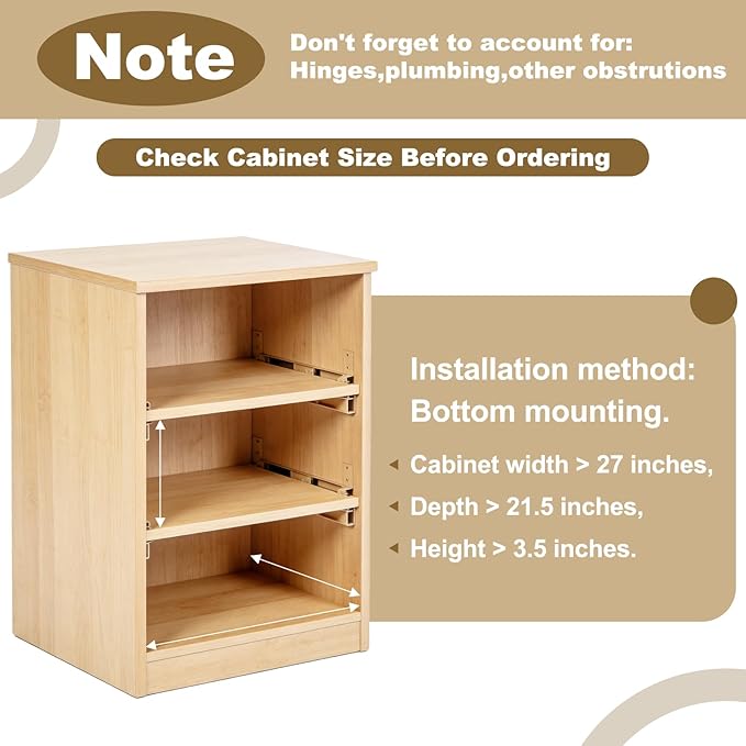 26" Pull Out Cabinet Drawer (Fits 27" Cabinet Opening), Wood Slide Out Cabinet Shelf Organizer with Ball Bearing Slides, Clear Lacquer Finish, Heavy Duty Kitchen Cabinet Pull Out Shelves