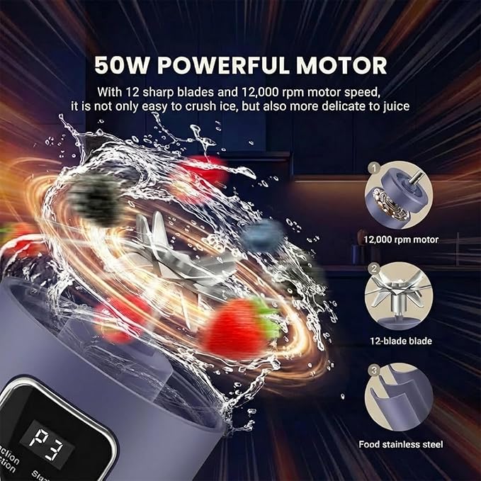 Portable Personal Electric Blender，500ML Portable Shakes and Smoothies Blender，12 Blades USB Rechargeable Small Blenders、Mixing、Compact、Convenient and Versatile (Purple)