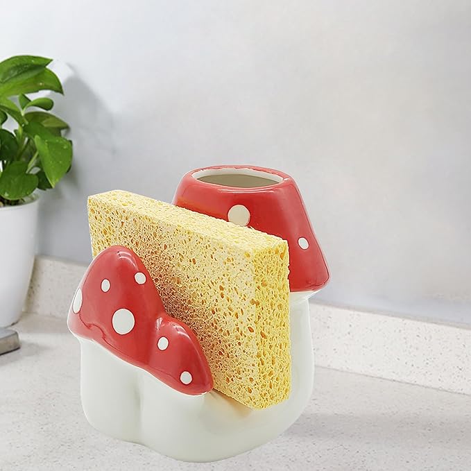 Mushroom Sponge Holder for Kitchen Sink Cute Kitchen Decor Mushroom Decor Ceramic Dish Sponge Brush Holder Kitchen Accessories Mushroom Gifts (Red)