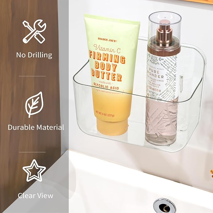 Wall Mounted Storage Organizer Bins Organizing Shelf Basket Clear Plastic Makeup Organizer Adhesive Hanging Bin Fridge Organizer for Bathroom,Kitchen,Cabinet,Pantry,Countertops (L(7×3.9×5.5"))