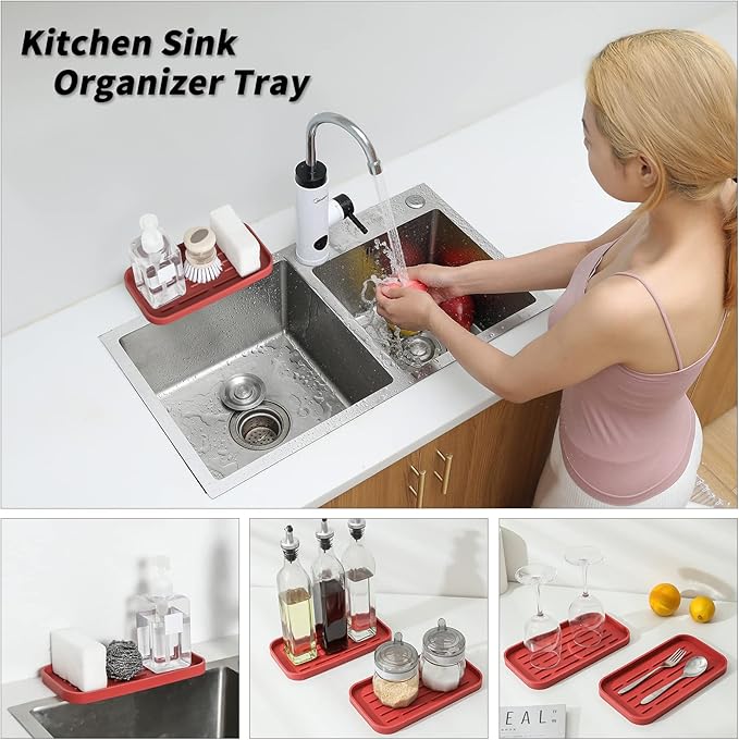 MicoYang Silicone Kitchen Sink Organizer Tray for Multiple Usage,Eco-Friendly Sponges Holder for Kitchen Bathroom Counter or Sink,Dish Soap Dispenser,Scrubber,Bottle,Cup (Red, 10"×5.3")