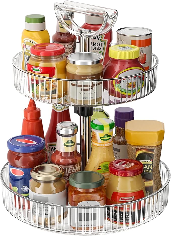 Lazy Susan Organizer – 2 Tier Rotating Spice Rack Turntable, 11.4" Plastic Spinning Organizer for Kitchen Cabinet Pantry Countertop Cupboard Bathroom Storage, Clear