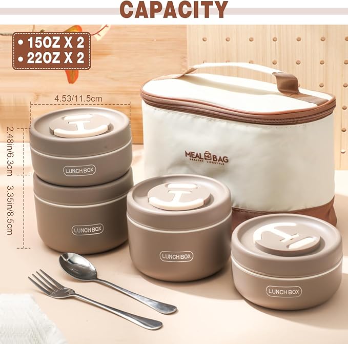 Dandat 4 Pcs Insulated Lunch Container, Portable Bento Box, Stainless Steel Lunch Box, Round Stackable Leakproof Thermal Food Container for Adult Men Women with Insulated Bag, 74 oz(Khaki)