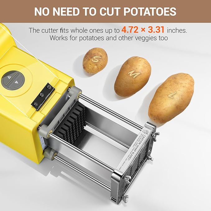 Sopito French Fry Cutter Electric Potato Cutter Stainless Steel with 3 Blades 1/4 3/8 1/2 Inch Blades for Potatoes, Carrots, Cucumbers & Onions, yellow