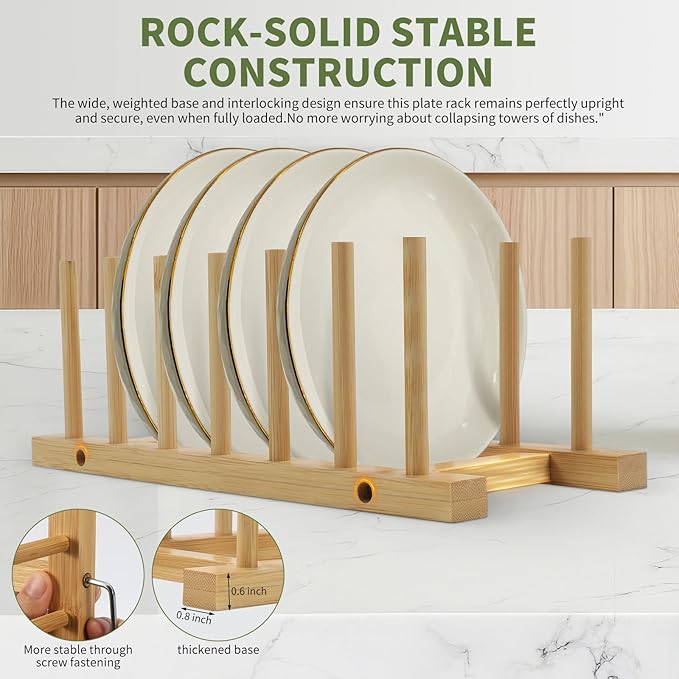 DEBETOOL 2 Pack Wooden Dish Rack Holder - Bamboo Plate Organizer for Cabinet Dishes Pots Lid & Cutting Boards, Kitchen Cabinet Space Saving Storage Solution