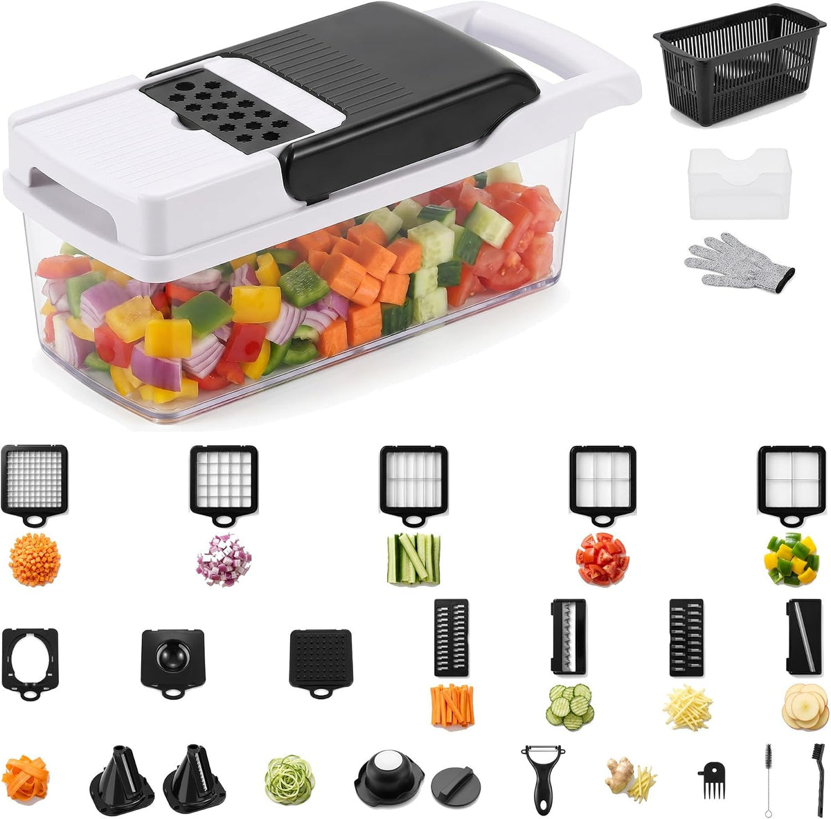Vegetable Chopper 25-in-1 with Container, Onion Dicer, Mandoline Slicer, Veggie Food Chopper Cutter and Spiralizer with Stainless Steel Blades, Drain Basket, Hand Guard and Cut Resistant Glove