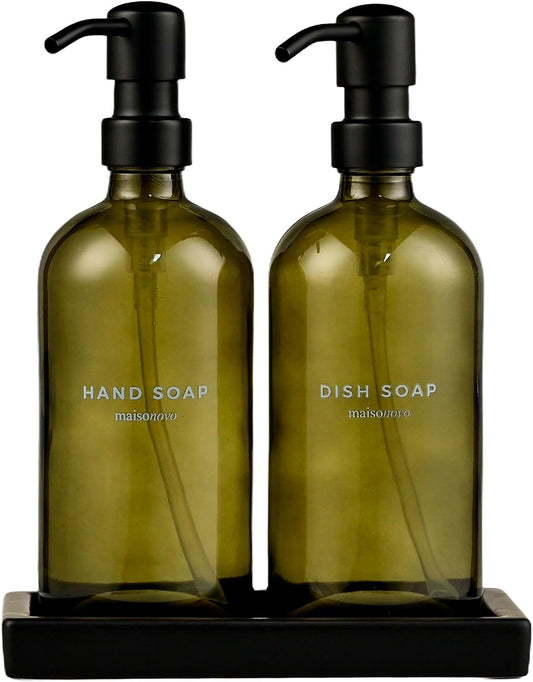 Kitchen Soap Dispenser Set - Green Soap Dispenser Black Pumps
