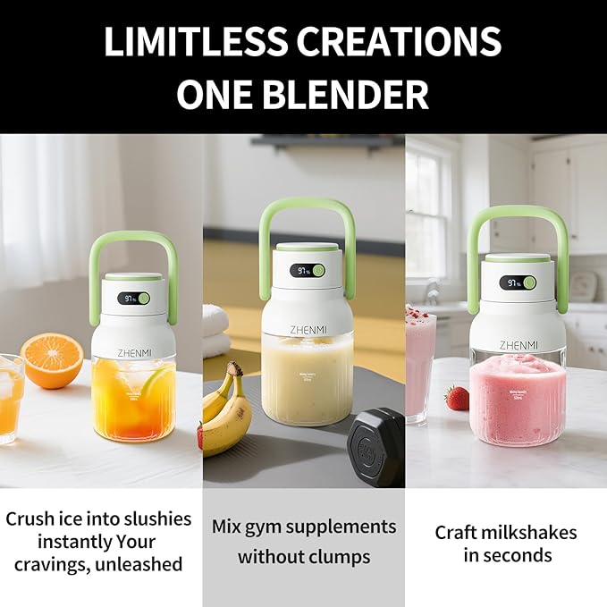 Portable Blender, 1000ml Capacity, Stainless Steel 12-Blade System, Portable Ice Crushing Juicer-for Shakes & Smoothies, BPA Free, 2 Leakproof-Lids & Straw, USB Rechargeable