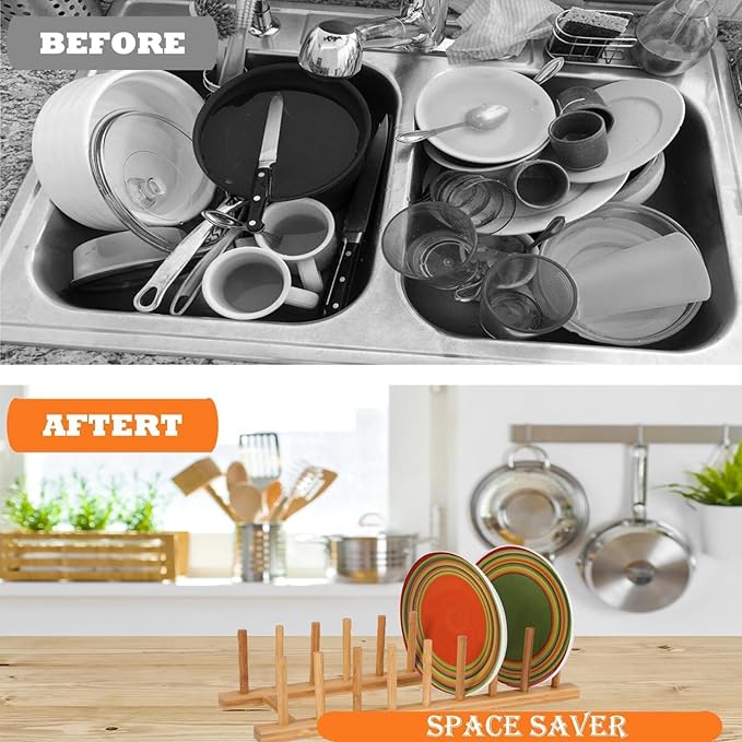 Bamboo Dish Drying Rack Kitchen Cabinet Organizer, Plate Pot Lid Organizer, Wooden Drying Rack Stand Drainer for Dish, Pots, Lids, Bowls, Cups, and Cutting Boards and Books (1PCS)