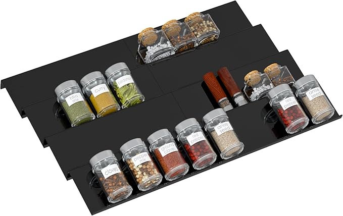 Sezanrpt Acrylic Spice Drawer Organizer Rack Adjustable From 12 Inch to 24 Inch Wide, 4 Tier Spice Organizer Shelf for Kitchen Drawer Display, Kitchen Spice Rack Tray for Drawer
