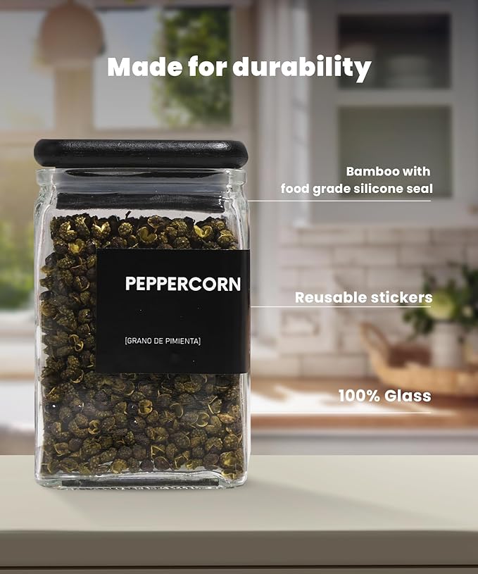 APT 1101 Glass Storage Jars with Bamboo Lid, glass canisters with airtight lids, Clear jars with lids for Spice, Cookie, Candy, Tea, Coffee Bean and Rice (Black, 4oz, set of 12)