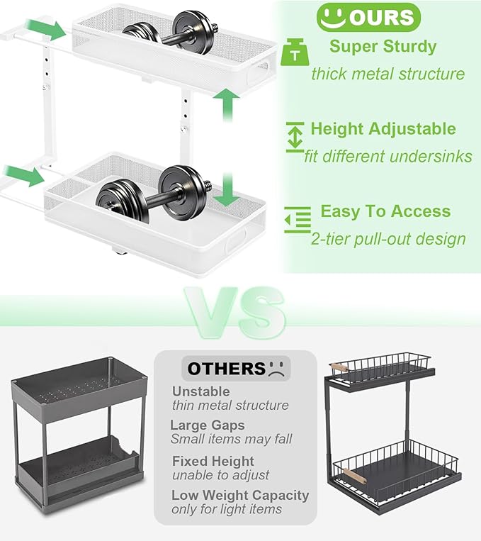 Under Sink Organizer 2 Pack, High Adjustable 2 Tier Under Sink Organizers and Storage, Slide out Metal Cabinet Organizers, Pull out Storage Drawer Shelf for Kitchen Bathroom Cabinet