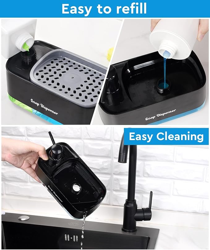 5-in-1 Kitchen Soap Dispenser Set with Sponge Holder - Dual Hand & Dish Soap Pump Dispenser for Sink Countertop with 2-Packs Natural Loofah Dish Sponge Dishwashing Scrubber,Black