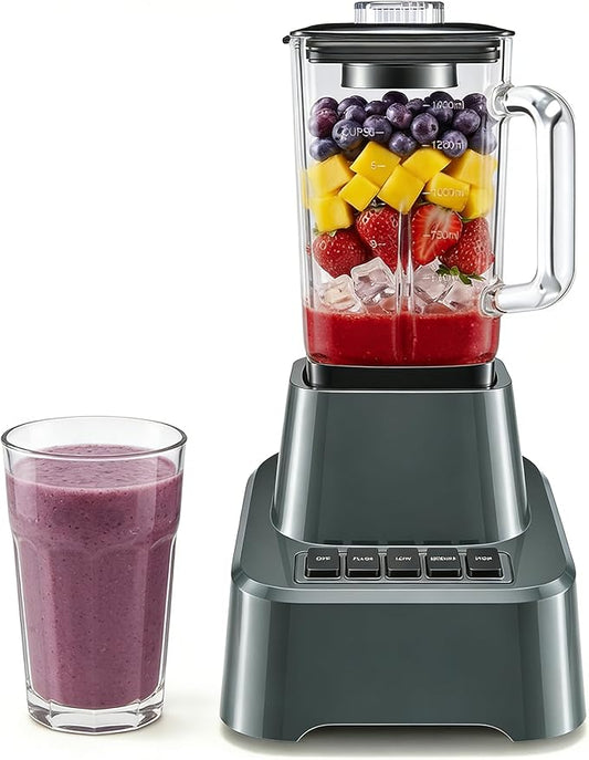 Simple Deluxe Blender for Smoothies, 850W Powerful Countertop Blender for Kitchen, 54oz Large Glass Pitcher, 4 Speeds with Pulse for Ice Crushing, Frozen Fruits, Juicers, Dishwasher Safe, Gray