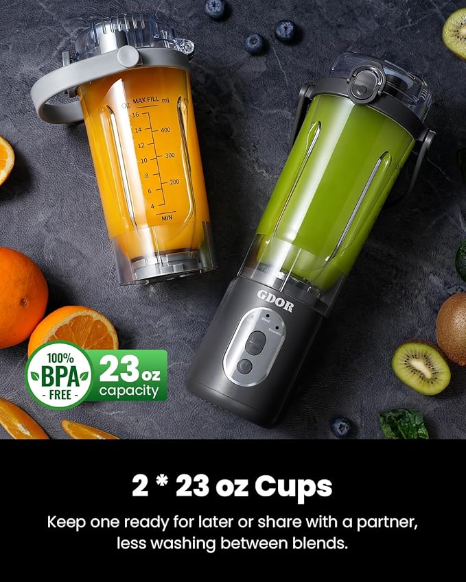 GDOR Cordless Portable Blender for Shakes and Smoothies, Personal Blender with Detachable Base and Twist-and-Go Cup, 3 Auto Programs, 2x23 oz Cups, USB-C Rechargeable, Dishwasher Safe, BPA-Free