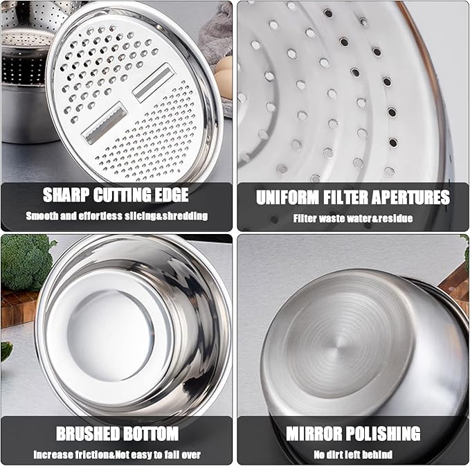 Multifunctional Stainless Steel Basin,Multi Stainless Steel Basin with Grater Vegetable Cutter Slicer Grater Strainer Drain Basket Salad Maker Bowl Colanders for Salad Maker
