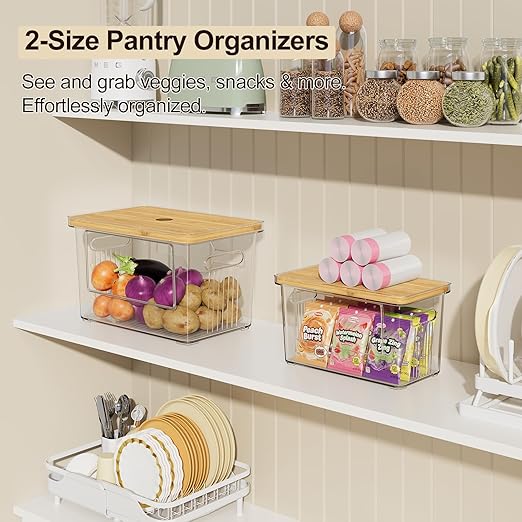 2 Pack Trash Bag Holder with Bamboo Lid, Stackable Acrylic Trash Bag Dispenser Roll Holder Under Sink, Plastic Container Garbage Bags Storage Organizer for Kitchen, Pantry, Laundry Room Organization