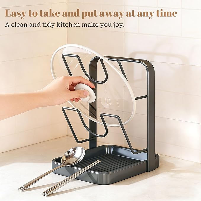 304 Stainless Steel Kitchen Pot Lid Storage Rack, Pot Lid Holder while Cooking, Pot Lid Organizer with Removable Tray & Spoon Rest,Waterproof & Rustproof(Beige+Grey, 2 Layer)