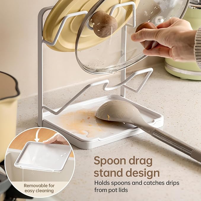 PAVSTINE Pot Lid Holder, 2 Tier Pan Lid Holders While Cooking, Lid and Spoon Rest for Kitchen Counter, Pot Lid Organizer Stand with Drip Tray, Pot Lid Rack Kitchen Utensil Holder Rest, White