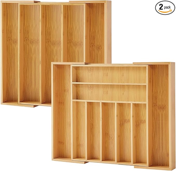 Purawood Bamboo Drawer Organizer, 2 Pack - Expandable Silverware Organizer & Utensil Organizer, Cutlery Tray with Dividers, 7-9 Slots - Premium Kitchen Organizer for Utensils & Flatware (Natural)